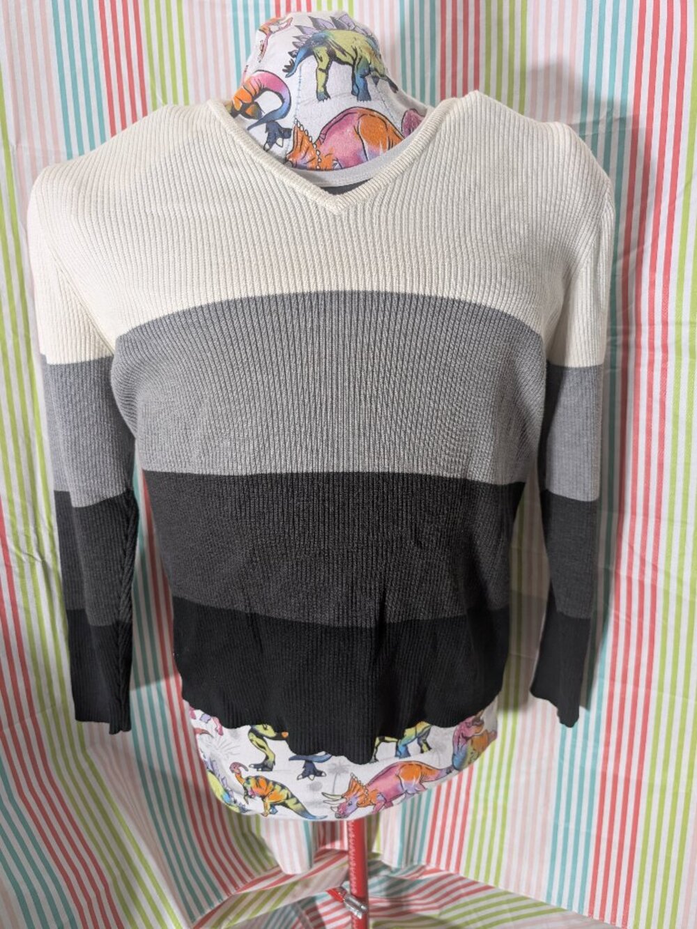 Venezia Jeans Rib Knit Sweater Women's V-Neck Cream Gray Black XL
